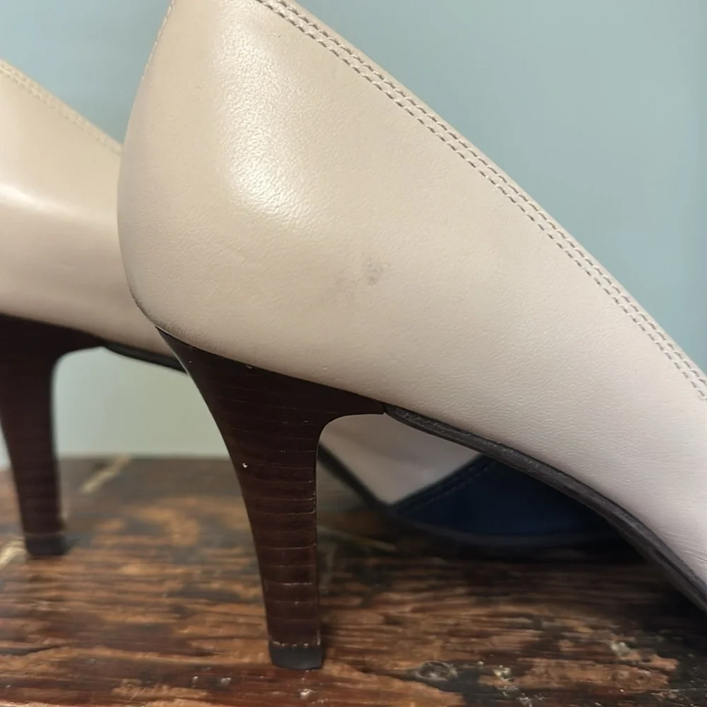 Talbots Navy and Cream Two-Tone Leather and Suede Peep Toe Heels